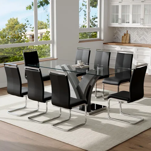 Miniatura 9 de Juego de mesa de comedor de cristal para 6, juego de mesa de cocina de 71 pulgadas para 6, juego de mesa de comedor grande con sillas de piel