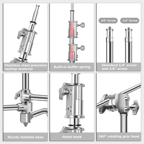Miniatura 2 de Soporte en C resistente con brazo de pluma, soporte de luz de fotografía resistente de acero inoxidable, altura ajustable de 4.9 pies a 10.8 pies