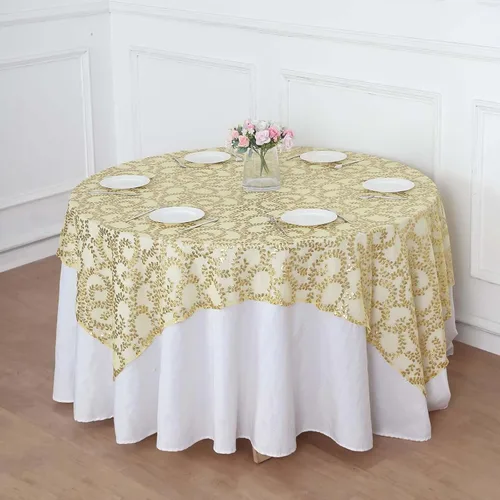 Miniatura 3 de Efavormart - Superposición de mesa de tul bordado de hojas de lentejuelas doradas de 72 x 72 pulgadas, mantel cuadrado transparente