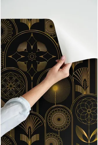 Miniatura 3 de Spoonflower Papel tapiz para despegar y pegar, diseño de flores Art Deco de los años 20, flores negras, geométricas, oscuras, papel tapiz extraíble