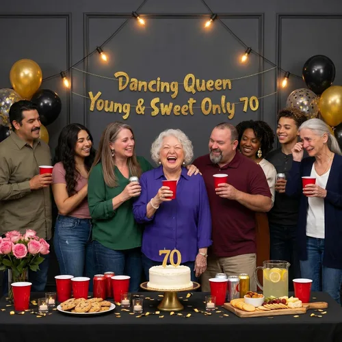 Miniatura 9 de Cartel con purpurina dorada preencordada con la reina bailarina Young & Sweet Only 70 – Decoraciones de cumpleaños 70 para hombres y mujeres