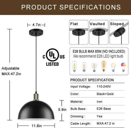 Miniatura 3 de Luces Colgantes Negras para Isla de Cocina, 11.8" Accesorios de Luz Colgante de Cúpula Moderna Estilo Granja Luces Colgantes para Comedor Pasillo