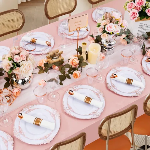 Miniatura 5 de Hioasis 350 platos de plástico color oro rosa, elegante juego de vajilla desechable adecuado para 50 invitados, incluye platos de cena de 10.25