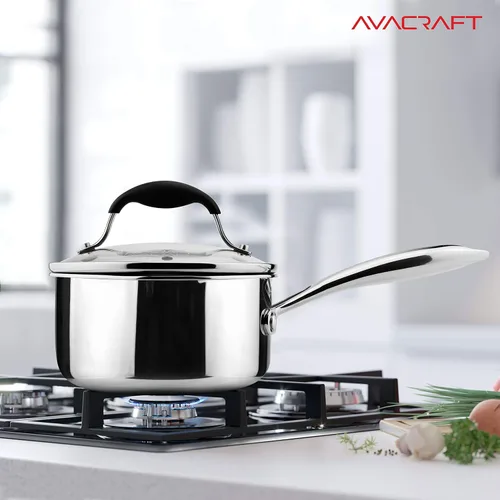 Miniatura 5 de AVACRAFT Cacerola de acero inoxidable de tres capas con tapa coladora de vidrio, dos picos vertedores laterales, mango ergonómico, cacerola