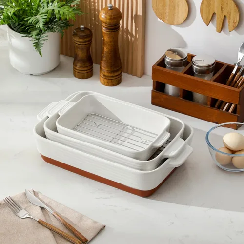 Miniatura 7 de MALACASA Juego de 3 platos de cacerola para horno con parrillas para asar, juego de platos de cerámica para hornear, juego de platos para hornear