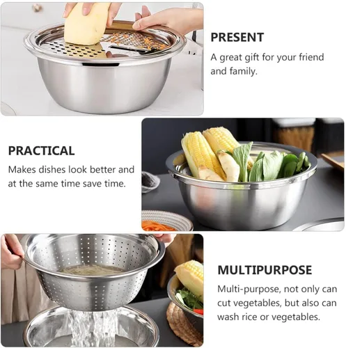Miniatura 5 de Rallador de acero inoxidable y cortador de verduras con función de drenaje Herramienta de cocina multiusos de 10.23 pulgadas para lavar arroz