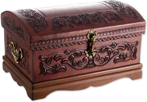 NOVICA Caja de joyería de madera y cuero labrado Mohena con temática colonial, legado colonial