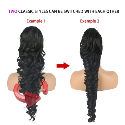 Miniatura 2 de KRSI Extensión de cola de caballo larga y ondulada con cordón, 28 pulgadas, 1B#, para mujeres, clip de cabello negro, cabello sintético, extensión