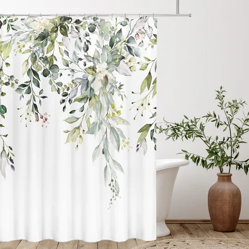 Miniatura 36 de Tititex Spun Sugar - Juego de cortinas de ducha de eucalipto azul claro, hojas de acuarela brillantes en la parte superior, decoración floral