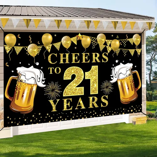 Miniatura 4 de Decoración de pancarta de feliz cumpleaños número 21, suministros de fiesta de telón de fondo de texto en negro y dorado con texto en inglés "Cheers