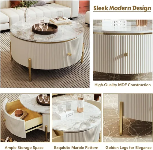 Miniatura 4 de Mesa de café redonda, mesa de café moderna de 31.5" con 2 cajones grandes de almacenamiento, tapa de mesa con patrón de mármol, mesa central