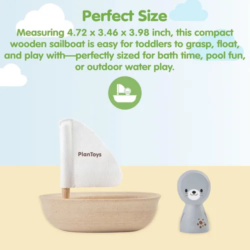 Miniatura 2 de PlanToys® Juguete de barco de vela de madera con sello Juguete de agua para el baño para juego flotante, imaginación y exploración sensorial suave