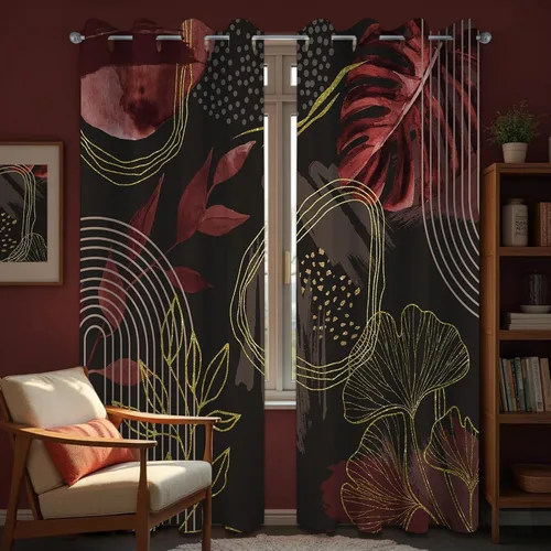 Miniatura 52 de Cortinas opacas negras y doradas, cortinas modernas de mediados de siglo para dormitorio, sala de estar, 63 pulgadas de largo, juego de 2 paneles