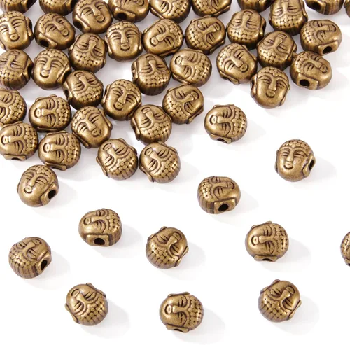 Miniatura 21 de Craftdady 60 cuentas espaciadoras de cabeza de Buda tibetano, 3 colores, cuentas de metal espiritual budista de 10-11x9-0.394 in de doble cara