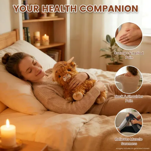 Miniatura 3 de SuzziPals Vaca de las Tierras Altas de Peluche Calentable y Enfriable, Almohadilla Calentable Microondable para Relajación y Alivio, Juguetes