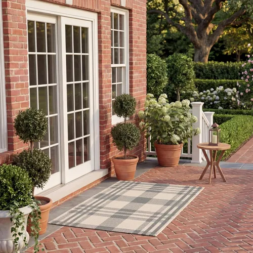 Miniatura 82 de SAFAVIEH Alfombra Lavable para Exteriores Colección Courtyard - 2'3" x 4', Beige y Azul, Patrón a Cuadros, No Desprende Pelusa y Fácil Limpieza
