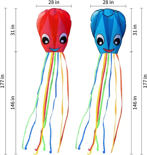Miniatura 7 de Paquete de 2 cometas de pulpo grandes sonrientes mejoradas, fáciles de volar, cometas largas y coloridas para niños y adultos, actividades al aire