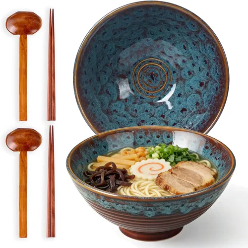 Miniatura 8 de Juego de cuencos de cerámica japonesa de ramen con palillos, cuencos Pho de 8 pulgadas y 40 onzas y tazón de sopa asiático y cucharas para fideos