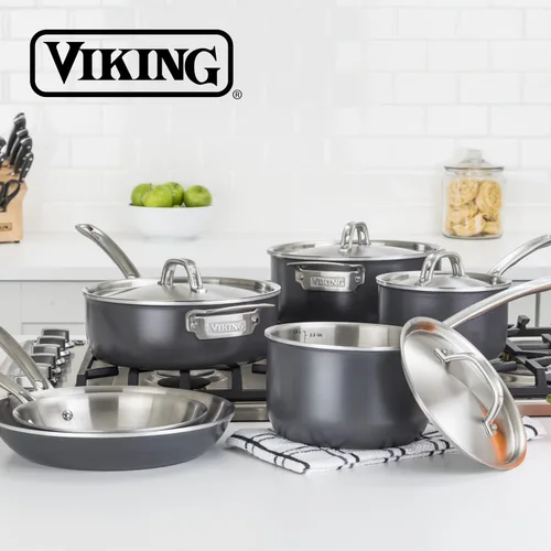 Miniatura 6 de Viking Juego de ollas y sartenes de 5 capas, 10 piezas de utensilios de cocina anodizados duros, tapas de acero inoxidable, color plateado