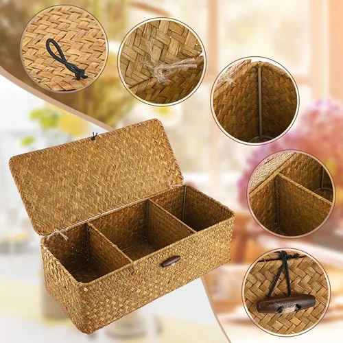 Miniatura 8 de Cesta de almacenamiento Hipiwe de seagrass con tapa, cestas de estante tejidas rectangulares para armarios, despensa, baño, estante de cocina