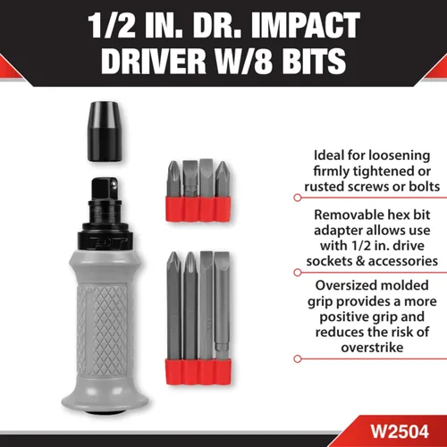 Miniatura 2 de Performance Tool Destornillador de impacto reversible manual W2504 de 1/2 pulgada - Cabeza plana 5/16 y 3/8 y puntas Phillips #2 y #3