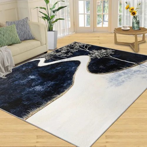 Blue White Forest Rugs for Bedroom, Forest Trails Area Rug, Abstract Landscape Rugs for Living Room, Indoor Non-Slip Rug, Machine Washable Carpet