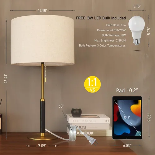 Miniatura 2 de Lámpara de mesa con cadena de tracción de 26.4 pulgadas, moderna lámpara de noche de mediados de siglo para mesas auxiliares de sala de estar, luz