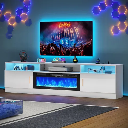 Miniatura 15 de MXV - Soporte de TV con chimenea de 70 pulgadas con toma de corriente para televisores de hasta 80 pulgadas, centro de entretenimiento con chimenea