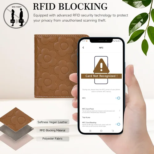 Miniatura 5 de Billetera para mujer, delgada y pequeña, billetera compacta con RFID, plegable, compacta, para mujer, cartera de cuero en relieve 3D con soporte
