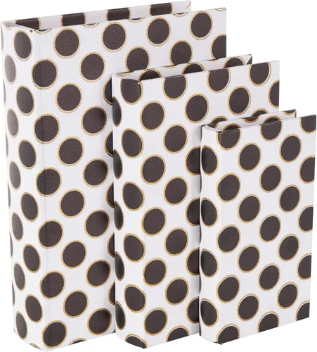 Deco 79 Caja decorativa de piel sintética con forma de libro con patrones circulares negros y dorados, juego de 3 cajas decorativas de recuerdo de