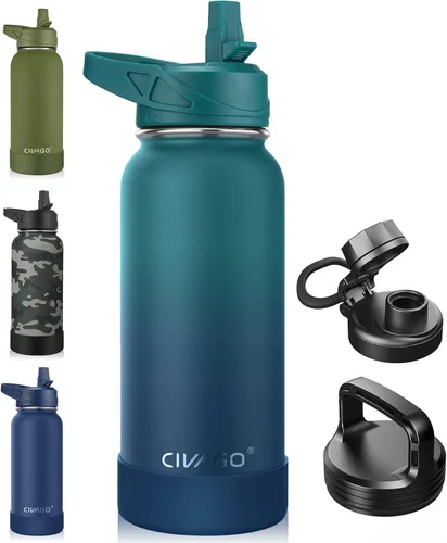 Miniatura 49 de CIVAGO Botella de agua aislada de 22 onzas con pajita, frasco de agua deportiva de acero inoxidable con 3 tapas