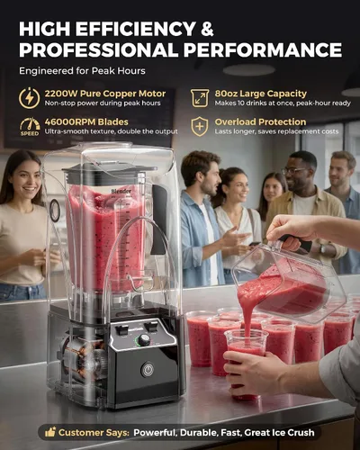 Miniatura 5 de WantJoin - Licuadora comercial profesional con carcasa reductora de ruido, de 2200 W, de potencia industrial fuerte y silenciosa, grado profesional