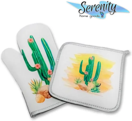 Miniatura 2 de Juego de manoplas decorativas de cocina con soporte para ollas y horno, cactus del desierto, puesta de sol, verde, naranja, rosa, amarillo, verde
