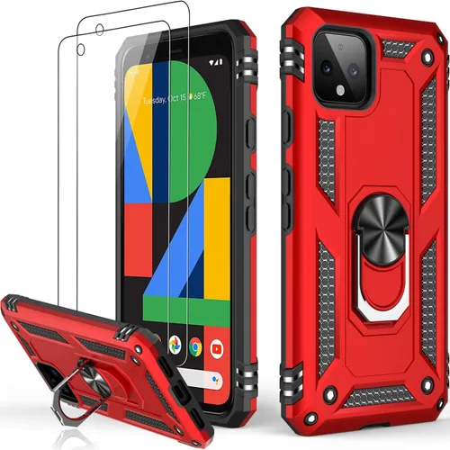 Miniatura 36 de LUMARKE Funda para Google Pixel 5 con protector de pantalla, pasa 16 pies, probada en caídas, grado militar, con soporte de anillo magnético, Rojo