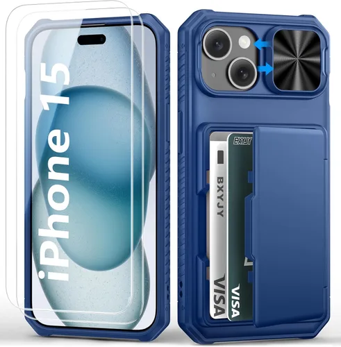 Miniatura 7 de BXYJY Funda tipo cartera para iPhone 15 Pro con tarjetero (4-5 tarjetas) y cubierta deslizante para cámara y soporte, protección contra caídas
