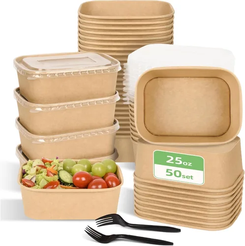 Miniatura 8 de Paquete de 50 recipientes desechables para preparación de comidas, cuencos de papel grandes desechables de 19 onzas con tapas y tenedores