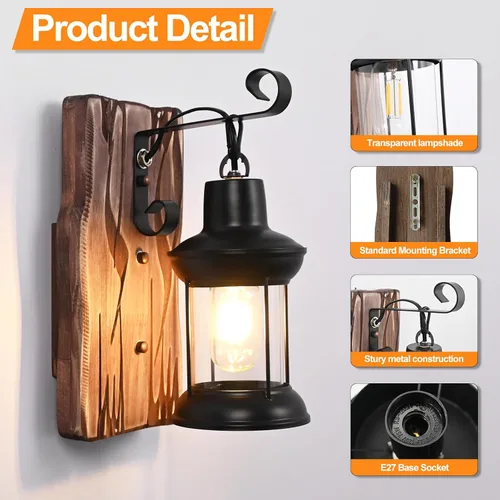 Miniatura 7 de Lámparas de pared rústicas, apliques de pared vintage, juego de 2 lámparas de madera antigua de granja con iluminación interior de vidrio