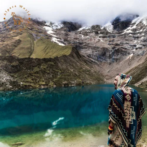 Miniatura 8 de Los ponchos de alpaca para adultos, hombres o mujeres son ponchos hechos a mano por artesanos nativos que hacen el poncho más suave., Azul Mar