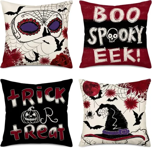 Miniatura 7 de Fukeen Juego de 4 fundas de almohada de 16 x 16 pulgadas con texto en inglés «Happy Halloween», «Truco o trato», fantasma, fantasma, horror