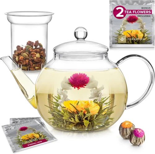 Miniatura 9 de Tetera de vidrio Teabloom segura para estufa y microondas con infusor de té de vidrio extraíble – Incluye 2 tés florecientes – Hervidor de té