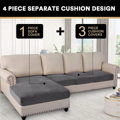 Miniatura 3 de PrinceDeco Fundas para sofá modular, 4 piezas, fundas de cojín separadas de terciopelo para sofá, en forma de L para diván seccional Gris neutro