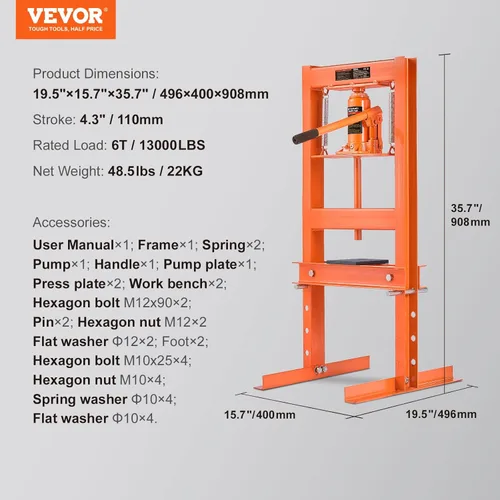 Miniatura 7 de VEVOR, prensa hidráulica de taller, 6 toneladas/13000 libras, estructura en H, altura ajustable en 4 posiciones, con placas móviles