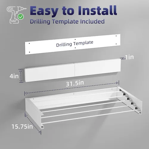 Miniatura 2 de Escurridor plegable para ropa sucia, montado en la pared, 31.5 pulgadas de ancho, 13.2 pies lineales, 5 varillas de aluminio, capacidad de 60