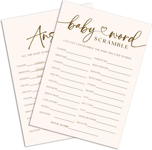 JOETMAE Tarjetas de juegos de baby shower de 5 x 7 pulgadas, tarjeta de juego de palabras para bebé, 50 divertidas tarjetas de juego de palabras