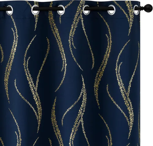 Miniatura 11 de Yakamok Cortinas opacas de 84 pulgadas de largo para sala de estar, con aislamiento térmico, patrón de líneas onduladas doradas, patrón de puntos