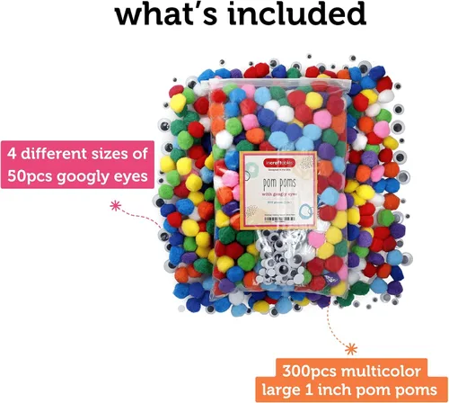 Miniatura 2 de Incraftables 300 pompones con ojos saltones de algodón de 1 pulgada para manualidades, sombreros, artes y decoraciones. Juego de regalo de pompones