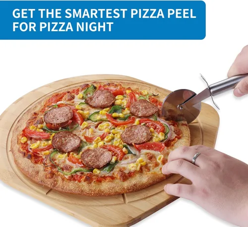 Miniatura 5 de Fiery Chef Pala de pizza de bambú de 12 pulgadas, tabla de cortar de madera ligera y lisa con 8 ranuras para rebanadas, accesorios para horno