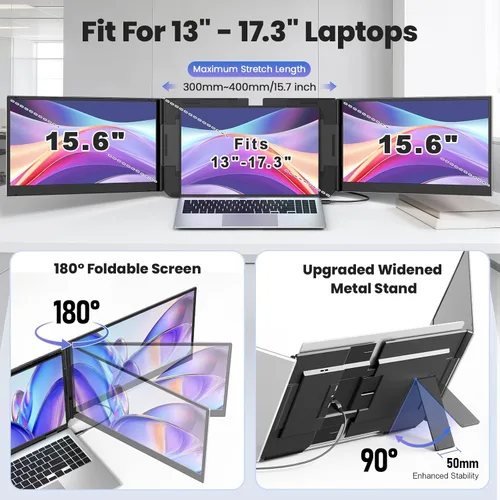 Miniatura 9 de Extensor de pantalla para portátil con un cable, monitor portátil triple ultrafino de 15.6 pulgadas, pantalla IPS FHD de 1080P, conexión