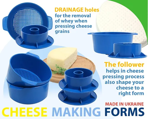 Miniatura 5 de PetriStor Kit de fabricación de quesos – 2 piezas de molde de queso con un pistón seguidor azul y gasa de algodón – Cesta para hacer queso – Paneer