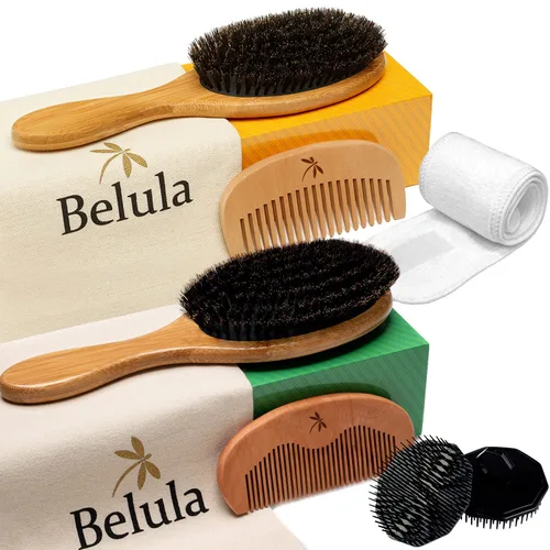 Belula Juego de cepillos de cerdas de jabalí – Restaura el brillo natural y la textura para cabello fino, fino, normal y corto – Set para él y para